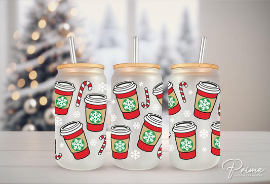 Christmas UV DTF Libbey 16oz Cup Wrap Sticker, Ready to Apply, No Heat, Permanent Adhesive, Waterproof, Glass Can, Christmas Coffee Cups