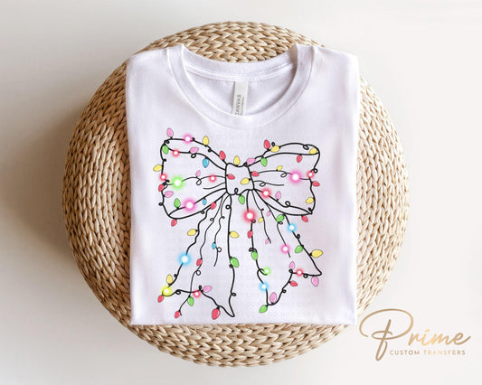 Christmas DTF Transfers, Ready to Press, T-shirt Transfers, Heat Transfer, Direct to Film, Holiday, Girly, Coquette Christmas Light Bow