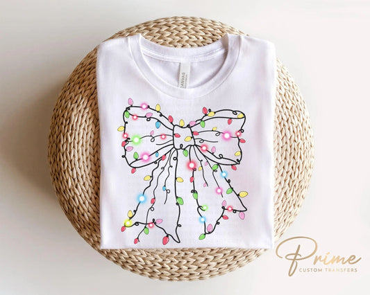 Christmas DTF Transfers, Ready to Press, T-shirt Transfers, Heat Transfer, Direct to Film, Holiday, Girly, Coquette Christmas Light Bow
