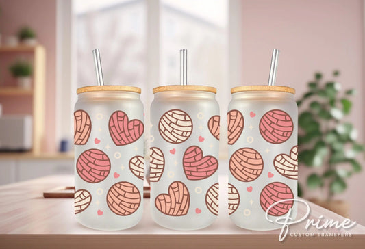 Valentine's Day UV DTF Libbey 16oz Cup Wrap Sticker, Ready to Apply, No Heat, Permanent Adhesive, Waterproof, Glass Can, Love, Concha Hearts