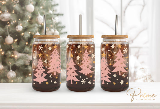 Christmas UV DTF Libbey 16oz Cup Wrap Sticker, Ready to Apply, No Heat, Permanent Adhesive, Waterproof, Glass Can, Holiday, Snow, Pink Trees