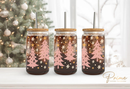 Christmas UV DTF Libbey 16oz Cup Wrap Sticker, Ready to Apply, No Heat, Permanent Adhesive, Waterproof, Glass Can, Holiday, Snow, Pink Trees