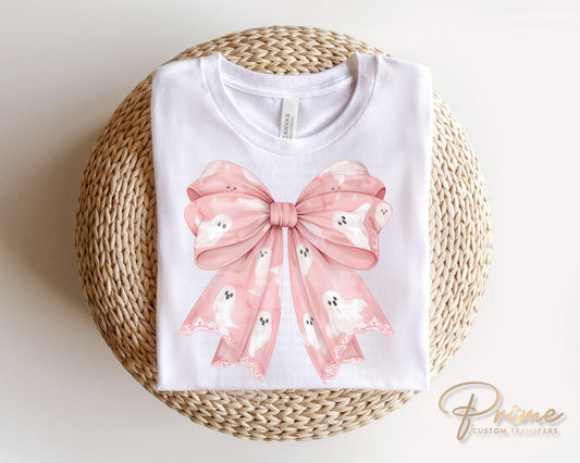 Halloween DTF Transfers, Ready to Press, T-shirt Transfers, Heat Transfer, Direct to Film, Trendy, Soft Girl, Fall, Pink Coquette Ghost Bow