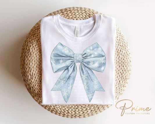 Christmas DTF Transfers, Ready to Press, T-shirt Transfer, Heat Transfer, Direct to Film, Holiday, Coquette, Snowy Blue Winter Snowflake Bow