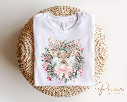 Christmas DTF Transfers, Ready to Press, T-shirt Transfer, Heat Transfer, Direct to Film, Holiday, Coquette, Pink Bow, Girly, Reindeer