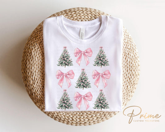 Christmas DTF Transfers, Ready to Press, T-shirt Transfers, Heat Transfer, Direct to Film, Holiday, Pink Coquette Christmas Trees and Bows