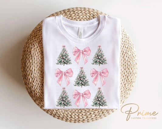 Christmas DTF Transfers, Ready to Press, T-shirt Transfers, Heat Transfer, Direct to Film, Holiday, Pink Coquette Christmas Trees and Bows