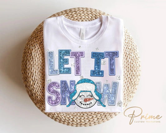 Winter DTF Transfers, Ready to Press, T-shirt Transfer, Heat Transfer, Direct to Film, Sparkle, Snowman, Faux Glitter, Sequin, Let it Snow