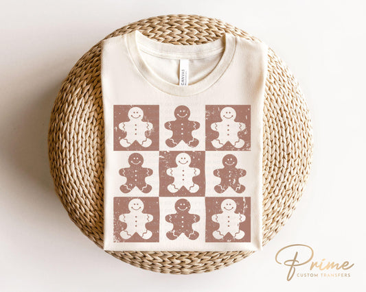Christmas DTF Transfers, Ready to Press, Heat Transfer, Direct to Film, T-shirt, Holiday, Cute Checkered Distressed Gingerbread, Cookies