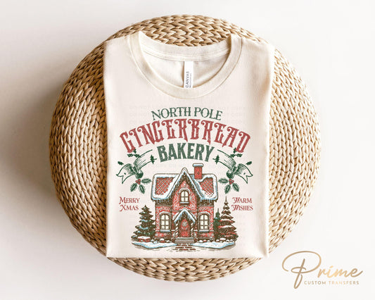 Christmas DTF Transfer, Ready to Press, Heat Transfer, Direct to Film, T-shirt, Holiday, Baking, Cute North Pole Gingerbread Bakery, Cookies
