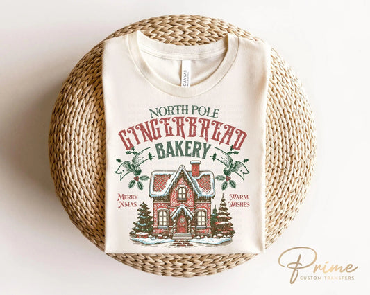 Christmas DTF Transfer, Ready to Press, Heat Transfer, Direct to Film, T-shirt, Holiday, Baking, Cute North Pole Gingerbread Bakery, Cookies