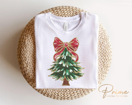 Christmas DTF Transfer, Ready to Press, T-shirt Transfers, Heat Transfer, Direct to Film, Holiday, Coquette, FAUX Glitter Red and Green Tree