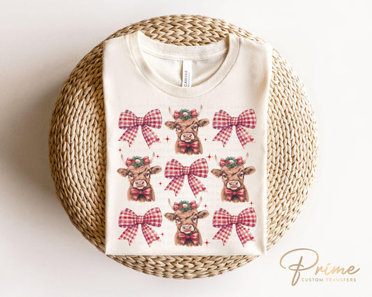 Christmas DTF Transfers, Ready to Press, T-shirt Transfers, Heat Transfer, Direct to Film, Holiday, Coquette Highland Cow, Mooey Christmas