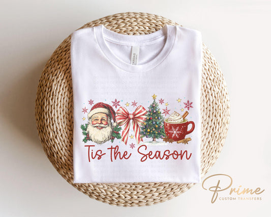 Christmas DTF Transfer, Ready to Press, T-shirt Transfers, Heat Transfer, Direct to Film, Holiday, Coquette Bow Santa Hot Cocoa Candy Cane