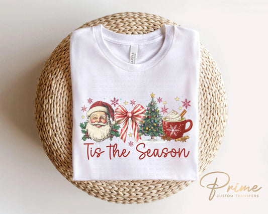 Christmas DTF Transfer, Ready to Press, T-shirt Transfers, Heat Transfer, Direct to Film, Holiday, Coquette Bow Santa Hot Cocoa Candy Cane
