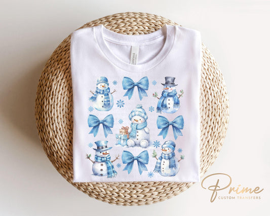 Winter DTF Transfers, Ready to Press, T-shirt Transfers, Heat Transfer, Direct to Film, Holiday, Light Blue, Snow, Coquette Bows and Snowmen