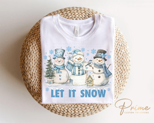 Winter DTF Transfers, Ready to Press, T-shirt Transfers, Heat Transfer, Direct to Film, Holiday, Light Blue, Cute, Let it Snow, Snowmen