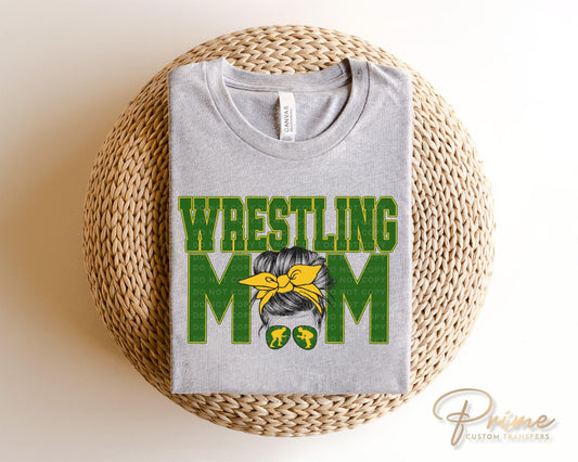 Wrestling Mom DTF Transfer, Ready to Press, T-shirt Transfer, Heat Transfer, Direct to Film, Wrestle, Mat, Pin, Sport, Bun, Green and Yellow