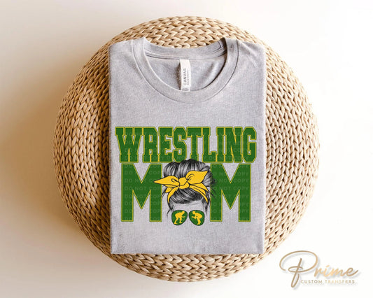 Wrestling Mom DTF Transfer, Ready to Press, T-shirt Transfer, Heat Transfer, Direct to Film, Wrestle, Mat, Pin, Sport, Bun, Green and Yellow