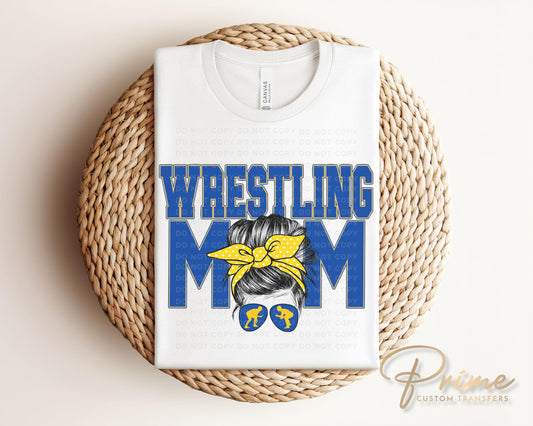 Wrestling Mom DTF Transfer, Ready to Press, T-shirt Transfer, Heat Transfer, Direct to Film, Wrestle, Mat, Pin, Sport, Royal Blue Yellow