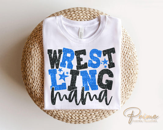 Wrestling Mom DTF Transfer, Ready to Press, T-shirt Transfer, Heat Transfer, Direct to Film, Wrestle, Sport, FAUX Glitter, Royal Blue, Black