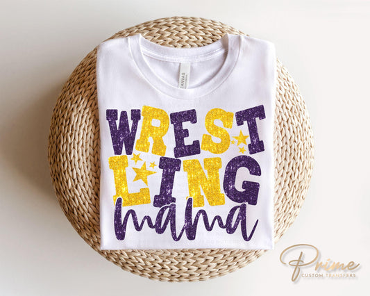 Wrestling Mom DTF Transfer, Ready to Press, T-shirt Transfer, Heat Transfer, Direct to Film, Wrestle, Sport, FAUX Glitter, Yellow and Purple