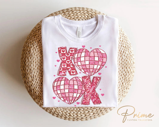 Valentine's Day DTF Transfer, Ready to Press, T-shirt Transfer, Heat Transfer, Direct to Film, Holiday, FAUX Glitter, Disco Ball Hearts XOXO