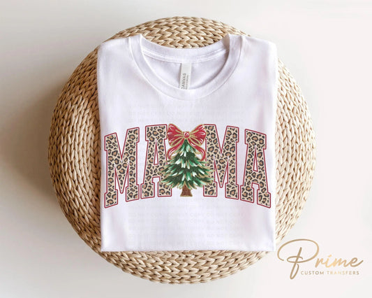 Christmas DTF Transfer, Ready to Press, T-shirt Transfers, Heat Transfer, Direct to Film, Holiday, FAUX Glitter, Coquette Bow, Leopard Mama