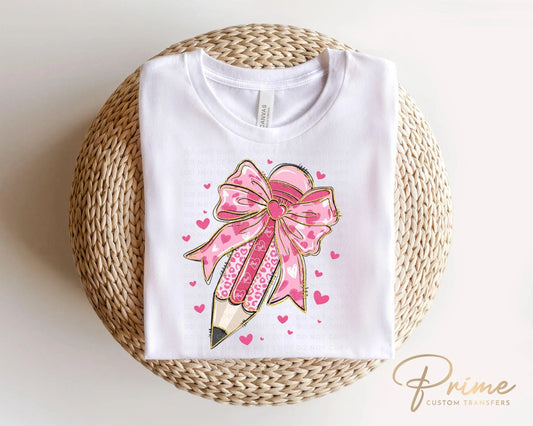 Valentine's Day DTF Transfers, Ready to Press, T-shirt Transfers, Heat Transfer, Direct to Film, School, Gift, Coquette Pink Teacher Pencil