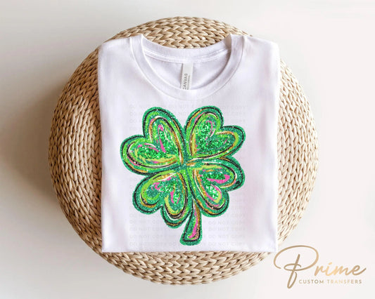 St. Patrick's Day DTF Transfer, Ready to Press, T-shirt Transfer, Heat Transfer, Direct to Film, Cute Shamrock, FAUX Sequin Four Leaf Clover