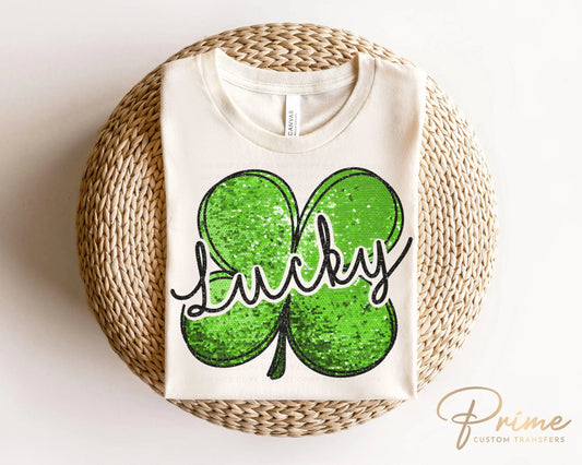 St. Patrick's Day DTF Transfer, Ready to Press, T-shirt Transfer, Heat Transfer, Direct to Film, Shamrock FAUX Sequin Lucky Four Leaf Clover