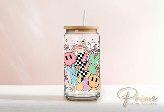 Easter UV DTF Libbey 16oz Cup Wrap Sticker, Ready to Apply, No Heat, Permanent Adhesive, Waterproof, Glass Can Tumbler, Groovy Easter Bunny