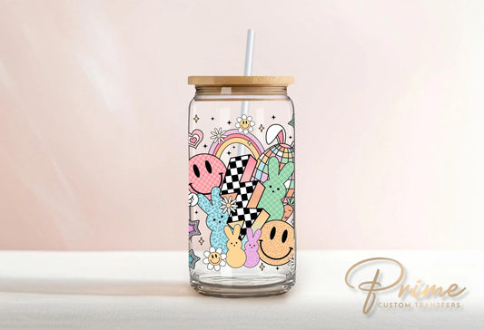 Easter UV DTF Libbey 16oz Cup Wrap Sticker, Ready to Apply, No Heat, Permanent Adhesive, Waterproof, Glass Can Tumbler, Groovy Easter Bunny