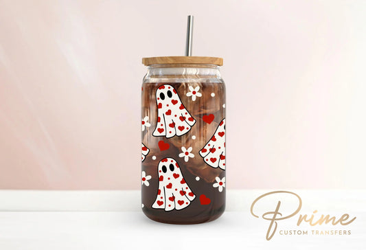 Valentine's Day UV DTF Libbey 16oz Cup Wrap Sticker, Ready to Apply, No Heat, Permanent Adhesive, Waterproof, Glass Can, Heart Ghosties