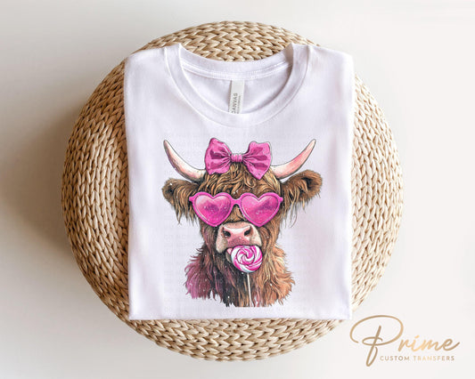 Valentine DTF Transfers, Ready to Press, T-shirt Transfers, Heat Transfer, Direct to Film, Holiday, Love, Pink, Heart, Coquette Highland Cow