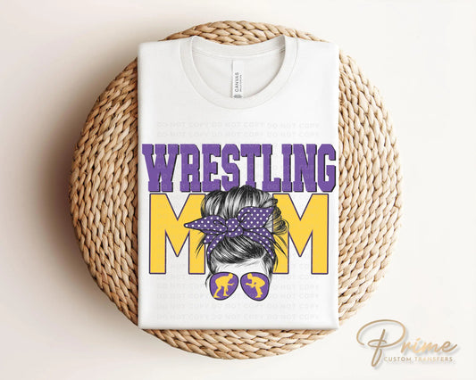 Wrestling Mom DTF Transfer, Ready to Press, T-shirt Transfer, Heat Transfer, Direct to Film, Wrestle, Mat, Pin, Sport, Bun, Purple, Yellow
