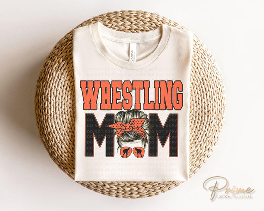 Wrestling Mom DTF Transfer, Ready to Press, T-shirt Transfer, Heat Transfer, Direct to Film, Wrestle, Mat, Pin, Sport, Bun, Orange and Black