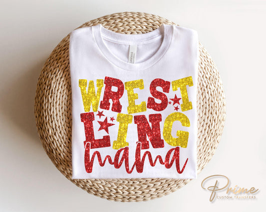 Wrestling Mom DTF Transfer, Ready to Press, T-shirt Transfer, Heat Transfer, Direct to Film, Wrestle, Sport, FAUX Glitter, Red and Yellow