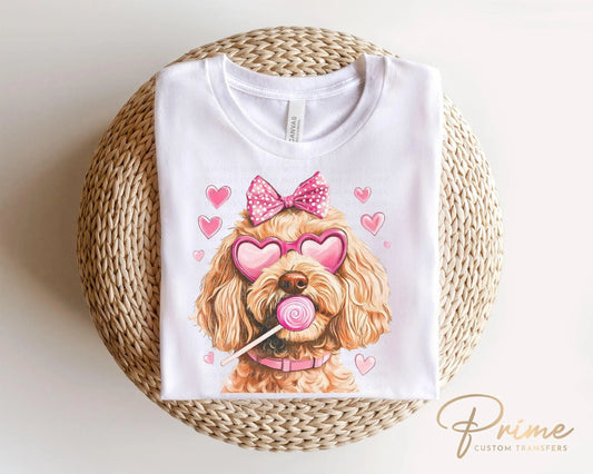 Valentine's Day DTF Transfers, Ready to Press, T-shirt, Custom, Heat Transfer, Direct to Film, Pet Lover, Bow, Paws, Goldendoodle Coquette
