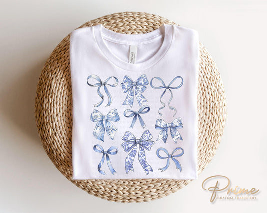 Coquette Blue And White Bows DTF Transfer, Ready to Press, T-shirt Transfer, Heat Transfer, Direct to Film, Cold Peel, Girly, Trendy, Floral