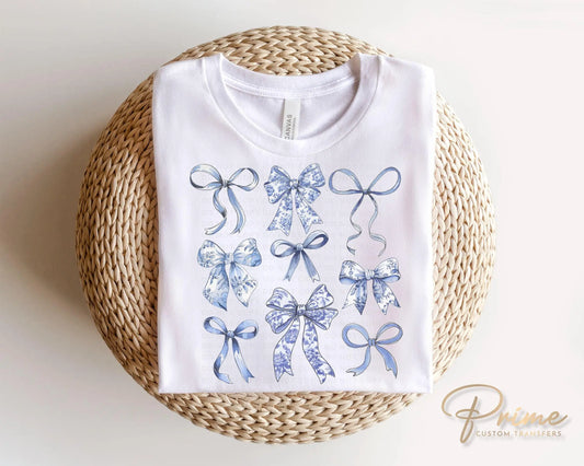 Coquette Blue And White Bows DTF Transfer, Ready to Press, T-shirt Transfer, Heat Transfer, Direct to Film, Cold Peel, Girly, Trendy, Floral