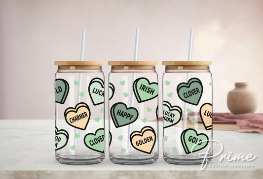 Saint Patrick's Day UV DTF Libbey 16oz Cup Wrap Sticker, Ready to Apply, No Heat, Permanent Adhesive, Waterproof, Glass Can, Cute Hearts