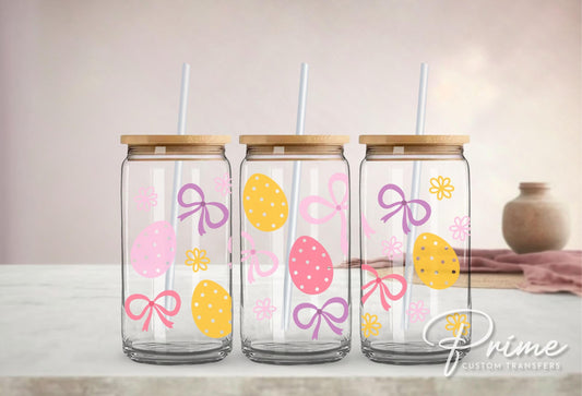 Easter UV DTF Libbey 16oz Cup Wrap Sticker, Ready to Apply, No Heat, Permanent Adhesive, Waterproof, Glass Can Tumbler, Coquette Easter Eggs