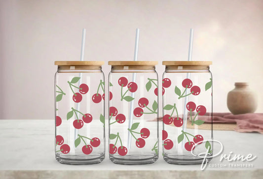 Cherry UV DTF 16oz Libbey Cup Wrap Sticker, Ready To Apply, Direct to Film, Glass Can, Permanent, Summer, Fruit, Trendy, Coquette Cherries