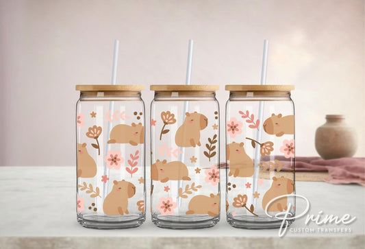 Libbey Cup UV DTF 16oz Libbey Cup Wrap Sticker, Ready To Apply, Direct to Film, Glass Can, Permanent, Flowers, Cute, Floral Capybara