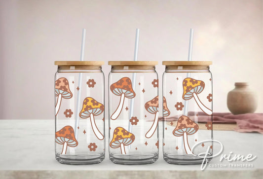 Libbey Cup UV DTF 16oz Libbey Cup Wrap Sticker, Ready To Apply, Direct to Film, Glass Can, Permanent, Trendy, Autumn, Mushrooms and Flowers