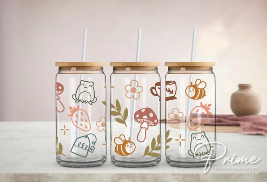 Libbey Cups UV DTF 16oz Libbey Cup Wrap Sticker, Ready To Apply, Direct to Film, Glass Can, Permanent, Autumn, Mushrooms, Woodland Cuties