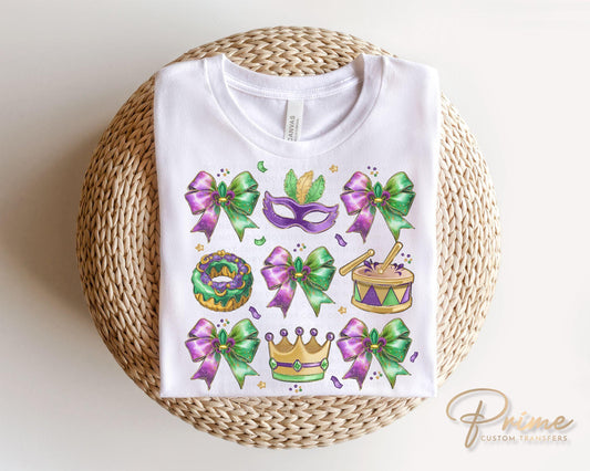 Mardi Gras DTF Transfer, Ready to Press, T-shirt Transfer, Heat Transfer, Direct to Film, Louisiana New Orleans, Coquette Bow FAUX Glitter