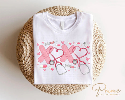 Valentine's Day DTF Transfer, Ready to Press, T-shirt Transfer, Heat Transfer, Direct to Film, CNA, Nurse, Coquette, Xoxo Stethoscope Hearts