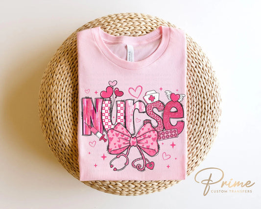 Valentine's Day DTF Transfer, Ready to Press, T-shirt Transfer, Heat Transfer, Direct to Film, Hearts, CNA, Nurse Gift, Coquette Bow Pink